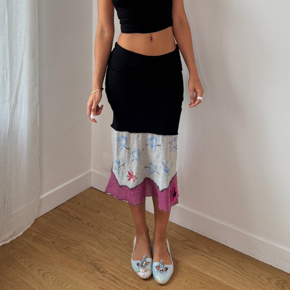 Vintage Midi Skirt Black Pink Grey Floral Colorblock Knit Y2K Italian (S)